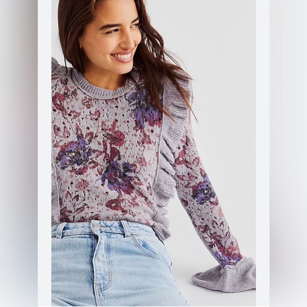 Free People ruffle floral sweater bell sleeve size L NWT